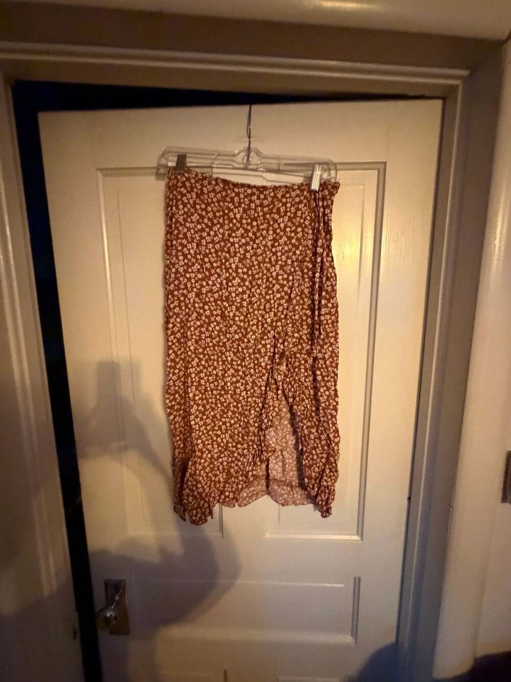 Originality Brown White Floral Print Rayon Slit Midi Skirt Size L